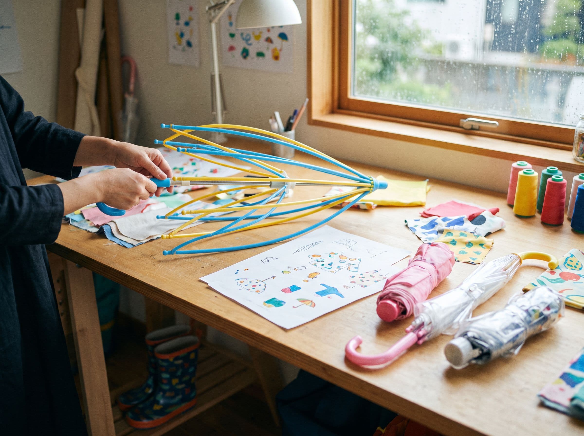 Parapluies pour enfants colorés rangés à l'entrée d'une maison