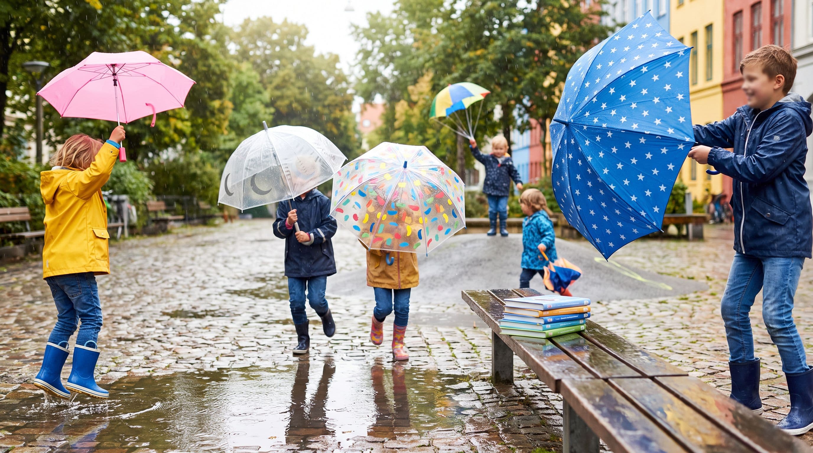 Enfants avec des parapluies colorés sous la pluie